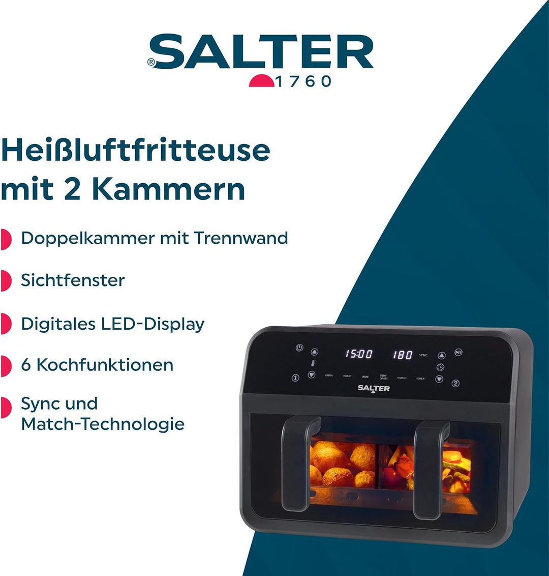 Salter Dual View Heissluftfritteuse – 7 l Antihaft-Kochschale mit abnehmbarer Trennwand, grosse Fami