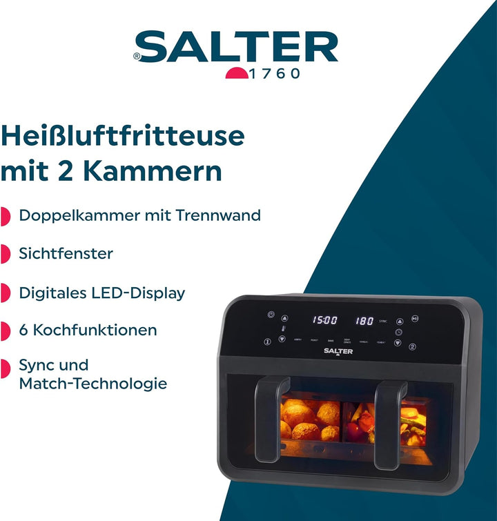 Salter Dual View Heissluftfritteuse – 7 l Antihaft-Kochschale mit abnehmbarer Trennwand, grosse Fami