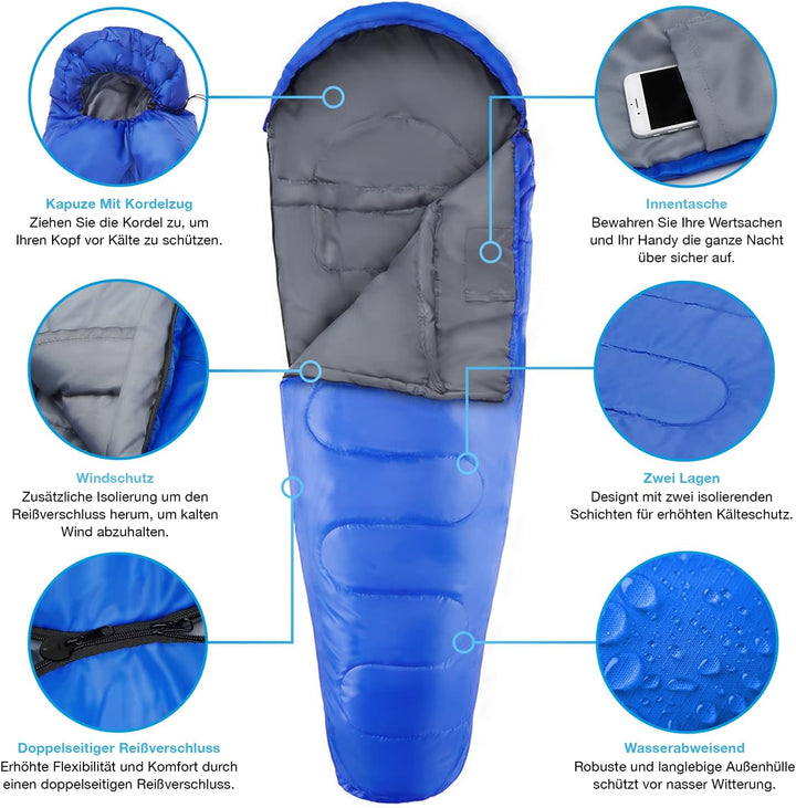 Active Era Mumienschlafsack – Schlafsack Winter und Sommer, -10°C bis 10°C - Wasserabweisend und Win