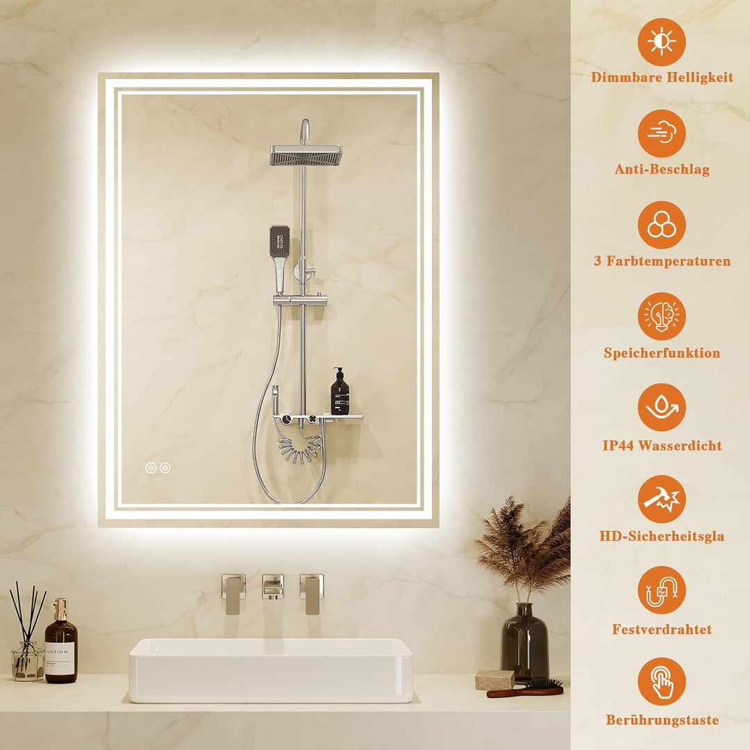 Badspiegel-mit-Beleuchtung 40x60cm LED Badezimmer-Spiegel mit Beschlagfrei, Touch-Schalter, 3 Lichtf
