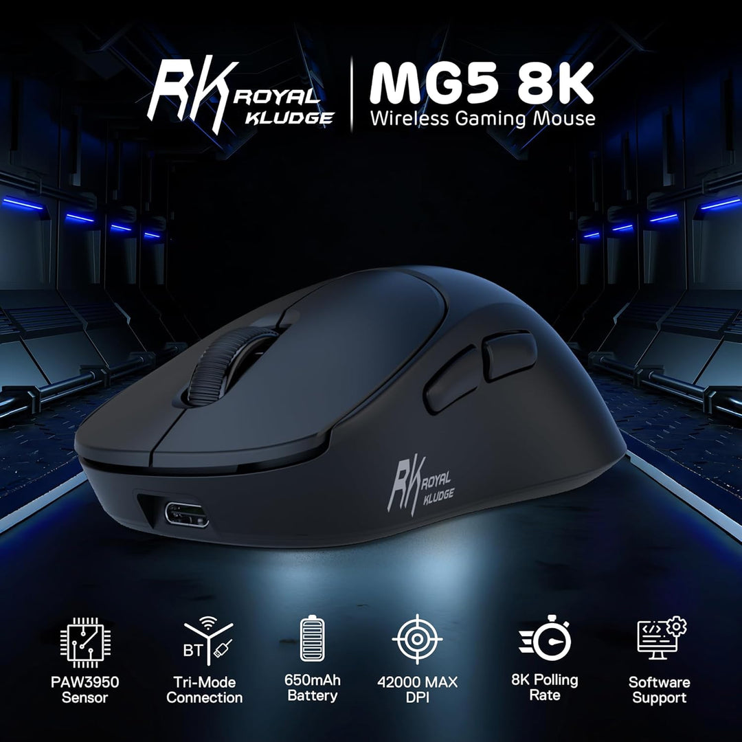 RK ROYAL KLUDGE MG5 8K kabellose Gaming Maus, 42K DPI PAW3950 Sensor, 56g leichte ergonomische, dopp