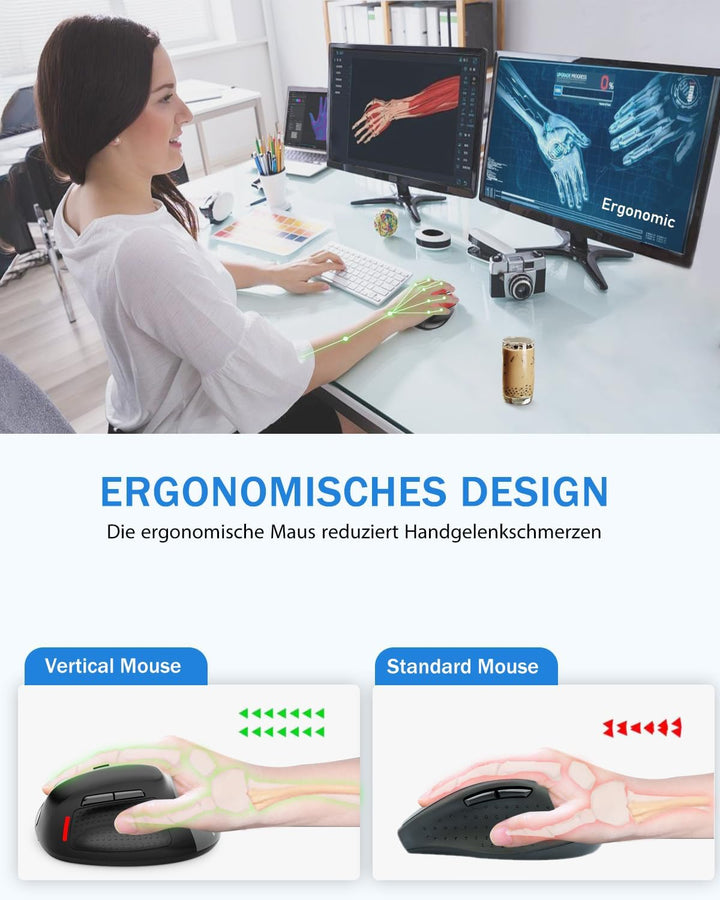 E-Yooso Ergonomische Kabellose Vertical Maus, mit 6 Tasten,Wiederaufladbarer Akku,5 einstellbaren DP