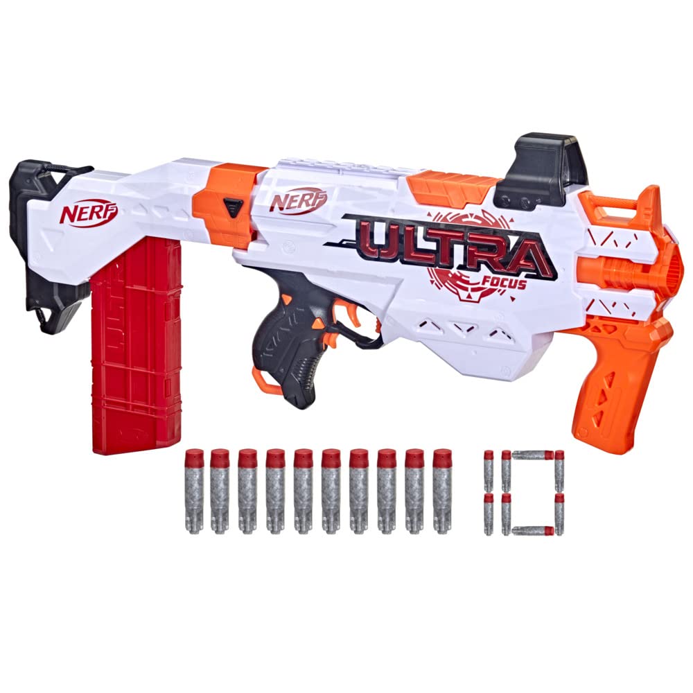 NERF Ultra Focus Blaster, 10 AccuStrike Ultra Darts, Clip-Magazin, Schulterstütze, nur mit NERF Ultr