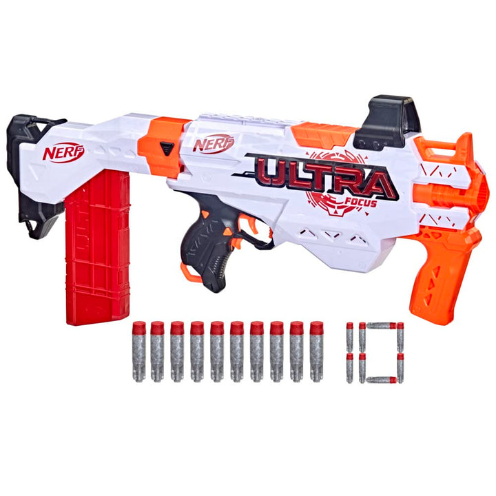 NERF Ultra Focus Blaster, 10 AccuStrike Ultra Darts, Clip-Magazin, Schulterstütze, nur mit NERF Ultr