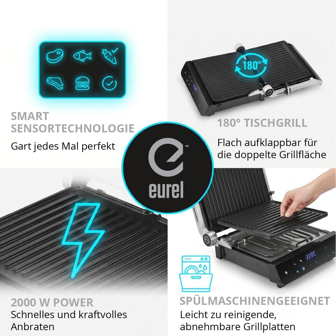 Eurel Kontaktgrill NG94 Elektrogrill 2000W | Panini Grill mit Smart Sensor, 180° aufklappbar, Garstu