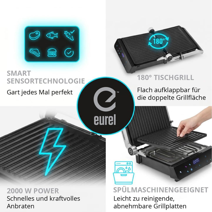 Eurel Kontaktgrill NG94 Elektrogrill 2000W | Panini Grill mit Smart Sensor, 180° aufklappbar, Garstu