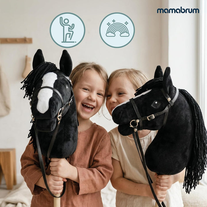 mamabrum Hobby Horse Schwarz Steckenpferd Kinder 68 cm | Steckenpferd mit Holzstab, abnehmbarem Zaum