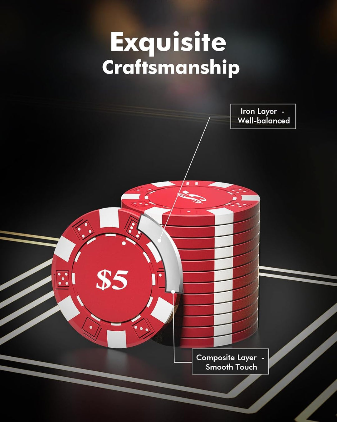 Pokerset, 100 Tragbare Spielchips mit Eisenkern, 11,5g Casino-Qualität, 5 Farben & Spielwerten, für
