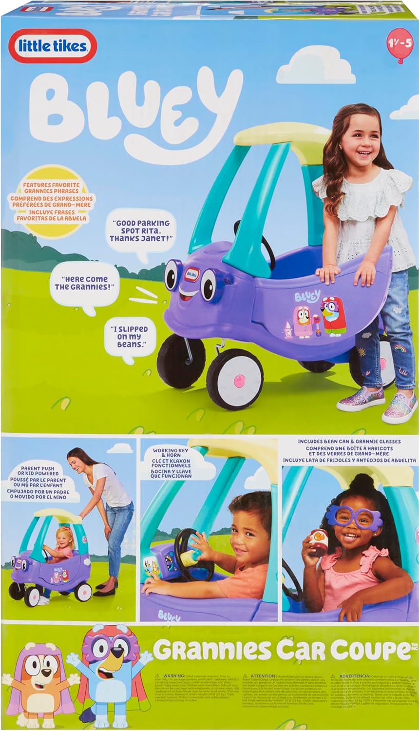 Little tikes Bluey Grannies Car Coupe - Mit 2 Zubehörteilen, Bluey Aufsitzauto, für Jungen und Mädch