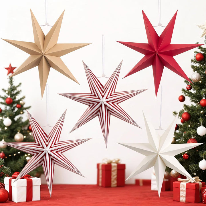 Weihnachts Papiersterne Ornamente Set - 5 Stück 3D Faltbare Hängende Sterne in Rot, Weiss, Braun und
