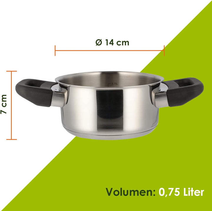 Level One Topf Kochtopf Fleischtopf 14 cm Induktion, Edelstahl unbeschichtet inkl. Glasdeckel | 7 cm
