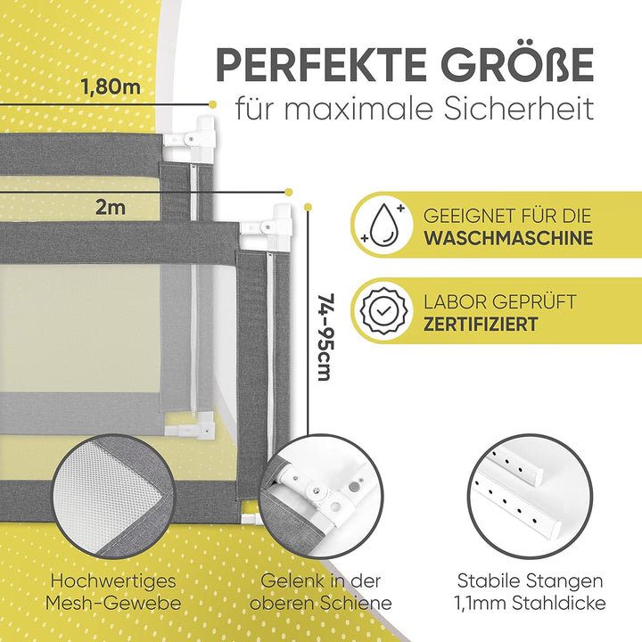 Bettgitter grau [1,5m] - Labor geprüft - Rausfallschutz Bett [Eine Seite] - Bettschutzgitter für Kin