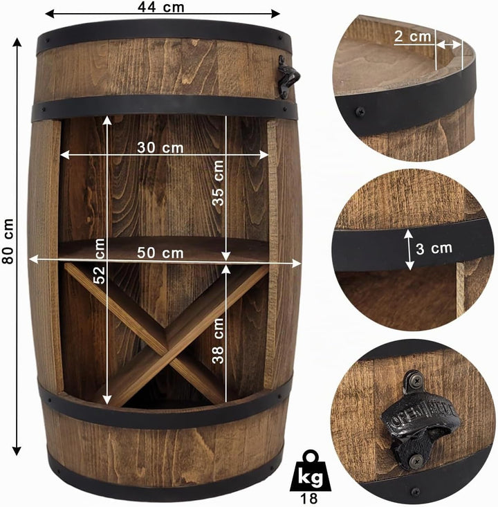 weeco Holzfass mit Flaschenöffner und Weinregal. Fassbar 80cm - Rustikale deko Barschrank - Hausbar