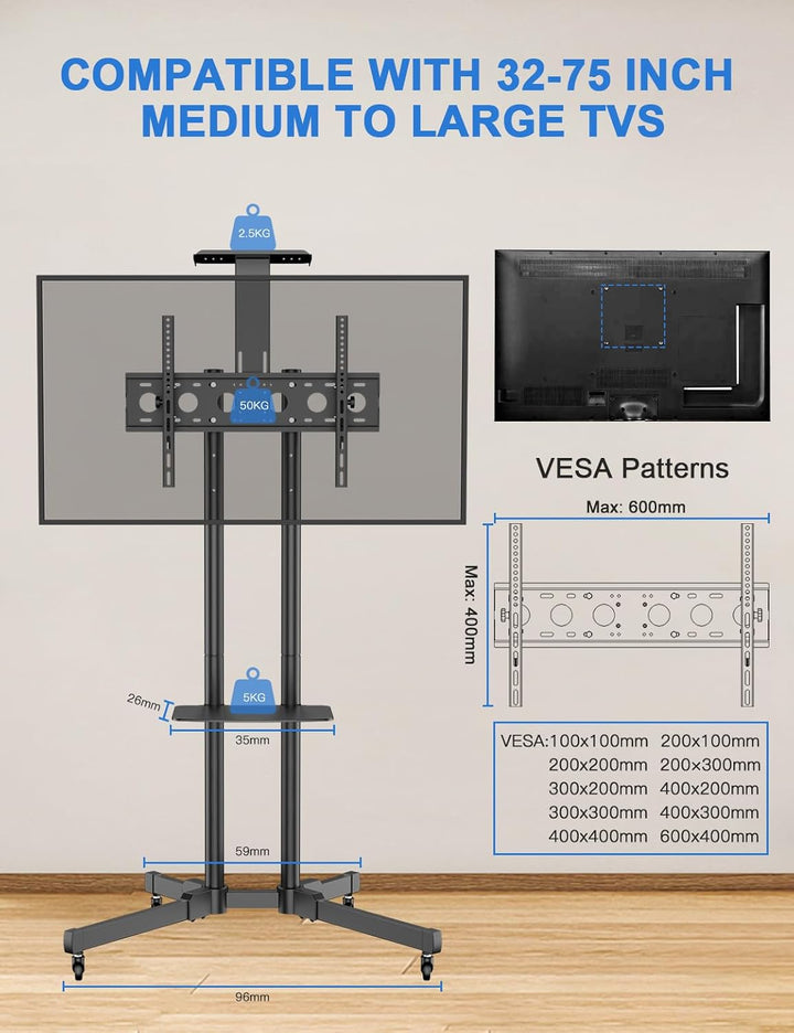 FORGING MOUNT TV Ständer Rollbar für 32-75 Zoll TVs bis zu 50kg, Doppelstützen-Design, Mobiler TV St