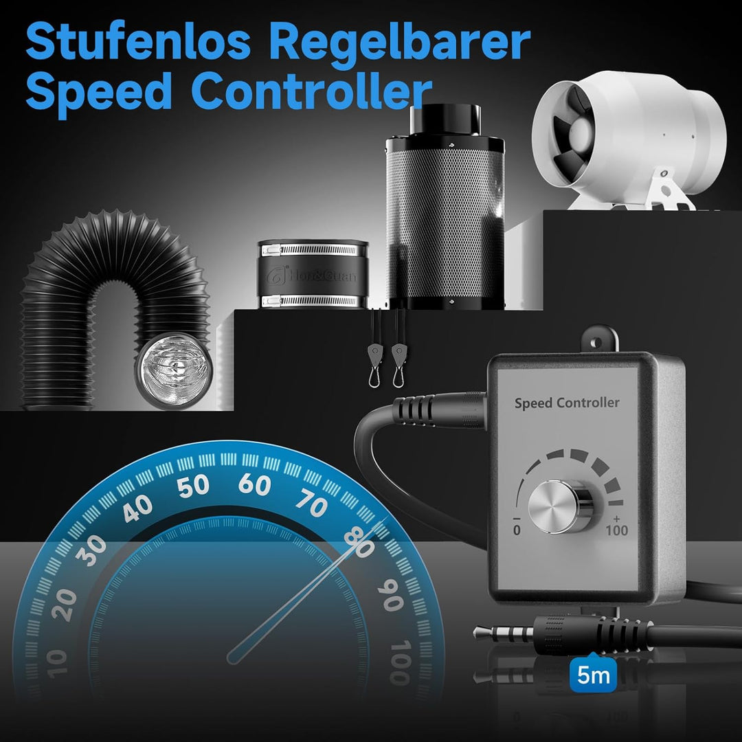 Hon&Guan HI-PE Abluftset Super Luftmenge 360m³/h 100mm Rohrventilator mit Drehzahlregler Aktivkohlen