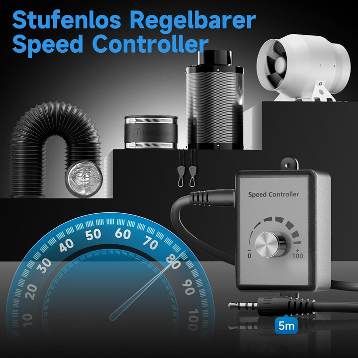 Hon&Guan HI-PE Abluftset Super Luftmenge 360m³/h 100mm Rohrventilator mit Drehzahlregler Aktivkohlen