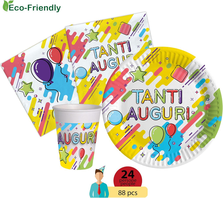 Partygeschirr Party-Set Tanti Auguri Fun für 24 Personen (88 pcs: 24 Pappteller Ø23cm, 24 Becher 250