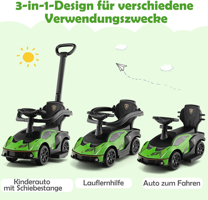 GOPLUS Rutschauto Lamborghin, 3 in 1 Rutschfahrzeug mit Schiebegriff, Schutzgeländer, Stauraum unter