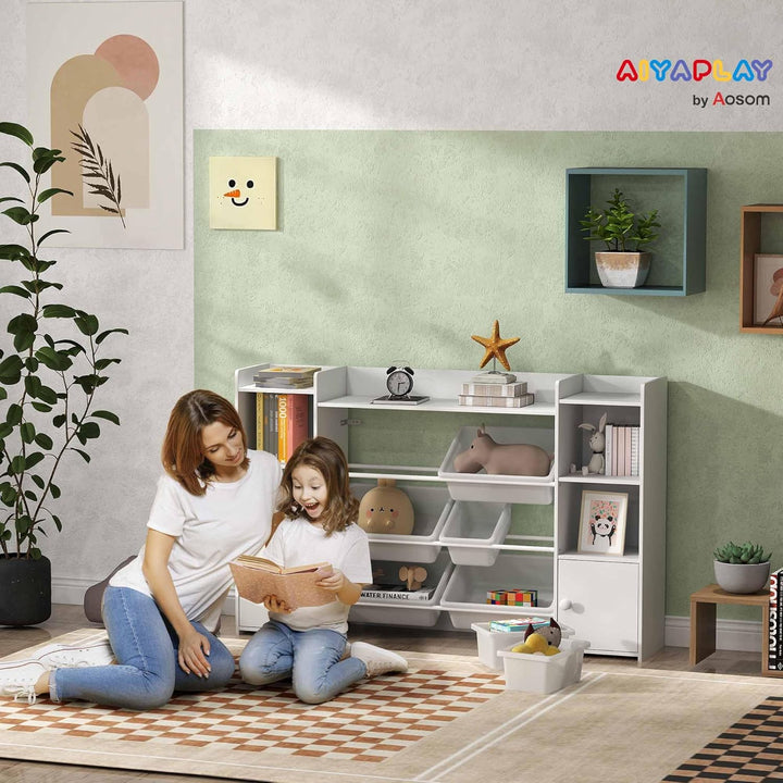 AIYAPLAY Kinderregal, Spielzeugregal Bücherregal mit 8 herausnehmbaren Aufbewahrungsboxen, 4 offenen