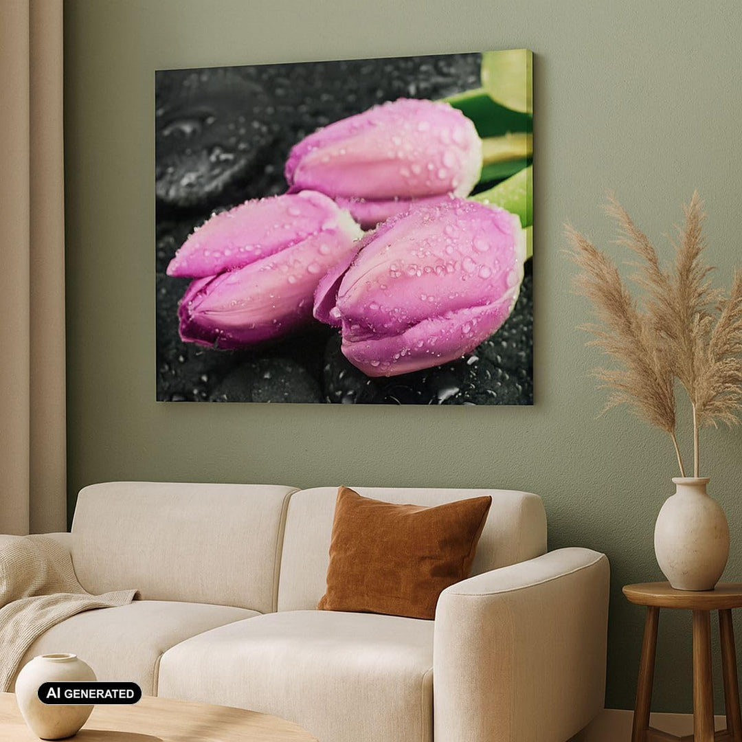 Bilder auf Leinwand 100x70cm Leinwandbild Tulpen Tau Steine Pflanze Gross Wanddeko Bild Schlafzimmer