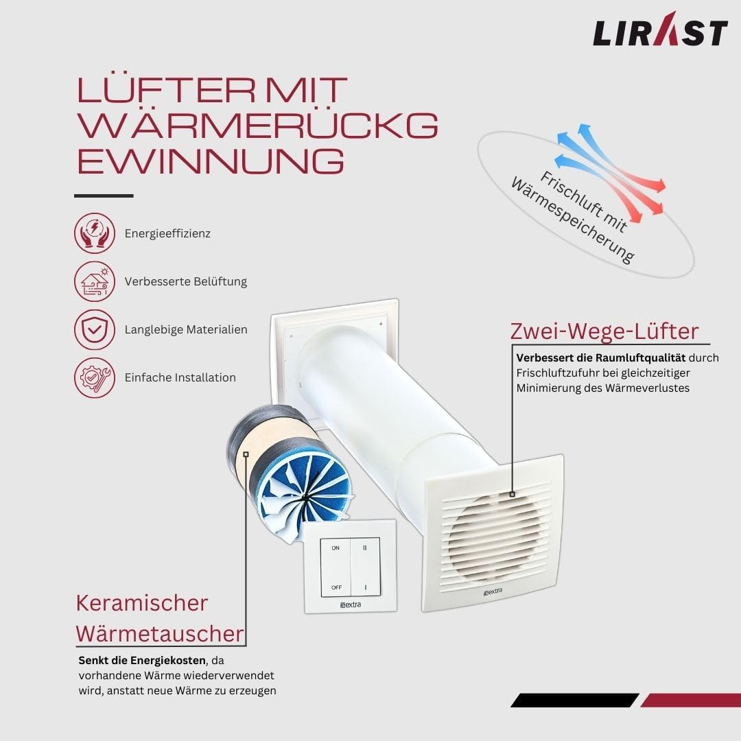 Lirast Ø 125mm Dezentrale Wohnraumlüftung mit Wärmerückgewinnung mit Schalter Mit Schalter / Weiss Ø