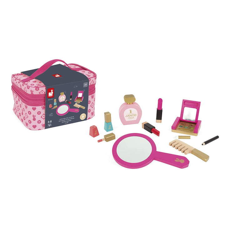 Janod - P'tite Miss Vanity Case for Children - 9 Solid Wood Accessories Included - Pretend Play Toy