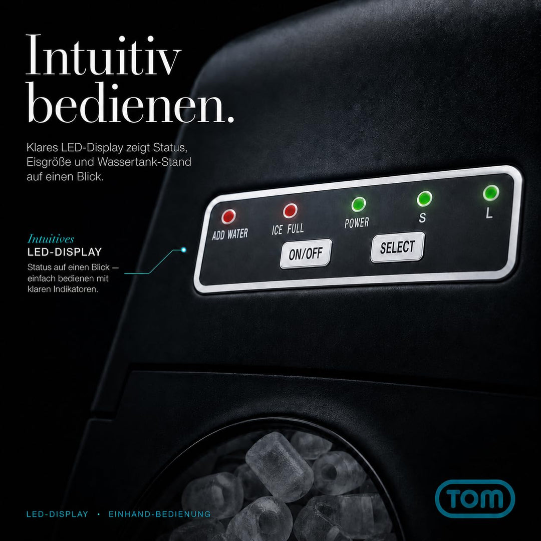 TOM Eiswürfelmaschine – 9 Eiswürfel in 6-8 min – 12 kg/24 h – 2 Würfelgrössen – Ice maker Eiswürfelm