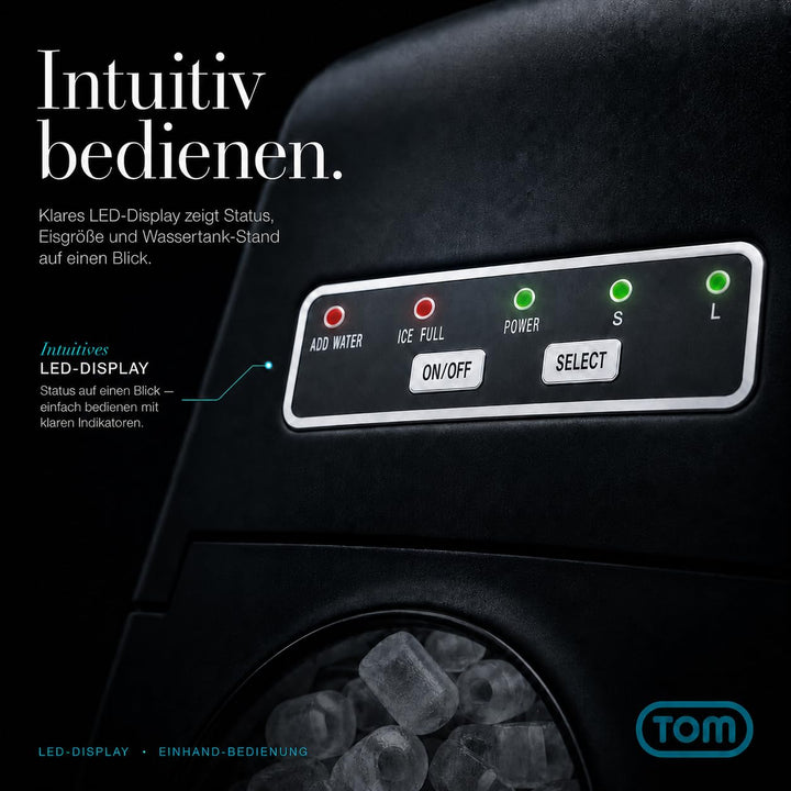 TOM Eiswürfelmaschine – 9 Eiswürfel in 6-8 min – 12 kg/24 h – 2 Würfelgrössen – Ice maker Eiswürfelm
