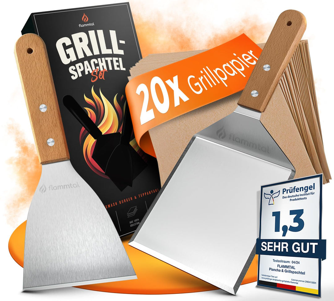 flammtal [Das Original] - Smash Burger Set mit 20x Burgerpapier - Grillspachtel Set aus Edelstahl -
