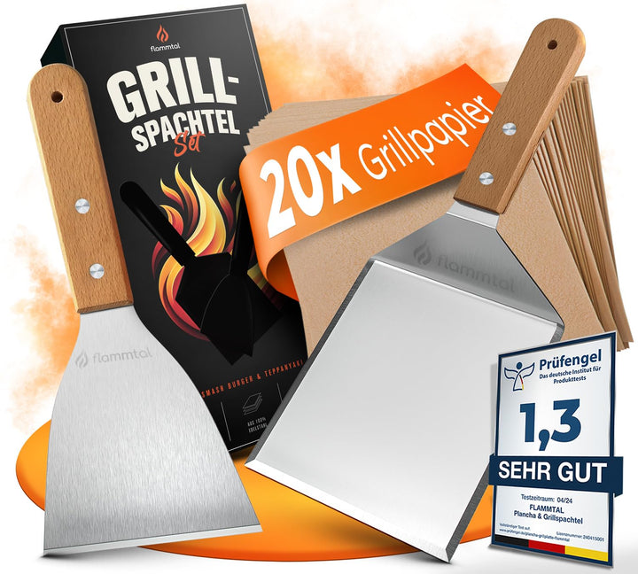 flammtal [Das Original] - Smash Burger Set mit 20x Burgerpapier - Grillspachtel Set aus Edelstahl -