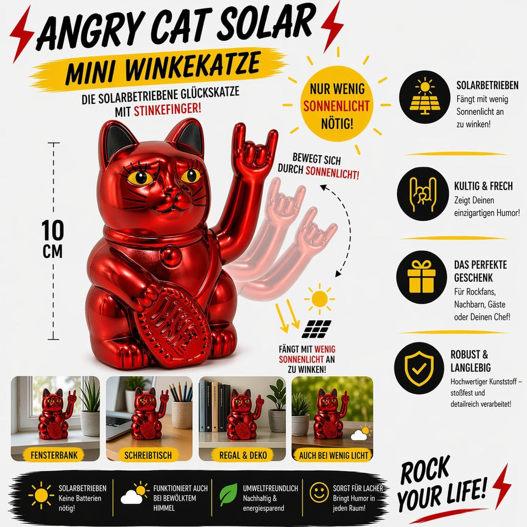 ANGRY CAT Mini Winkekatze Lucky CAT - SOLAR betriebe lustige winkende Rock-Katze mit Heavy-Metal-Zei