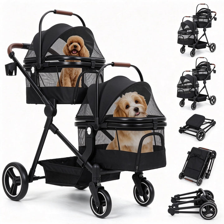 Hundewagen 3-In-1 Faltbar 22 kg Doppelstock Tiertransport | Abnehmbare Boxen, Schwenkräder, Sicherhe