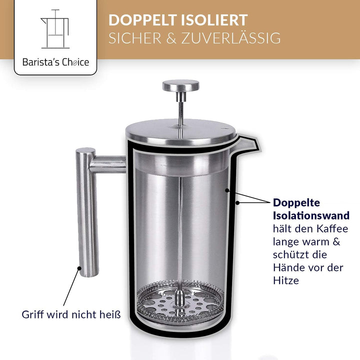 Barista's Choice French Press (max. 1 Liter) - hochwertiger Kaffeebereiter aus Edelstahl im edlen De