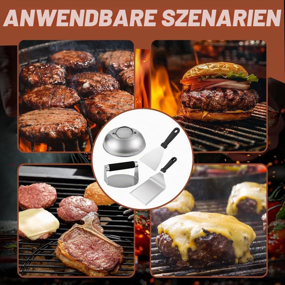 Burger Smasher Set, Edelstahl Burger Smasher Set, Professionelles Burger Smasher Set, 4-TLG mit 1x B