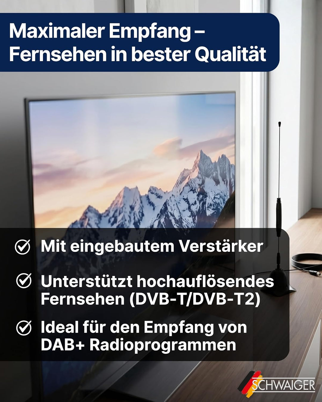 SCHWAIGER 20310 DVBT-2 Antenne Zimmerantenne Digital Analog TV HD Innenbereich Signalverstärkung Ver
