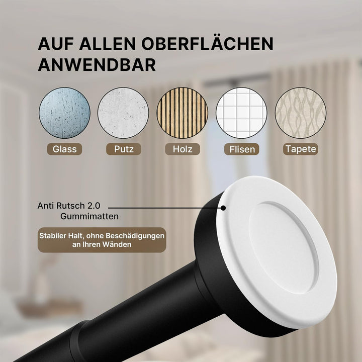 Gardinenstange zum Klemmen - Schwarz, Ø 25 mm, 1Stück - Duschstange ohne Bohren - Vorhangstange Klem