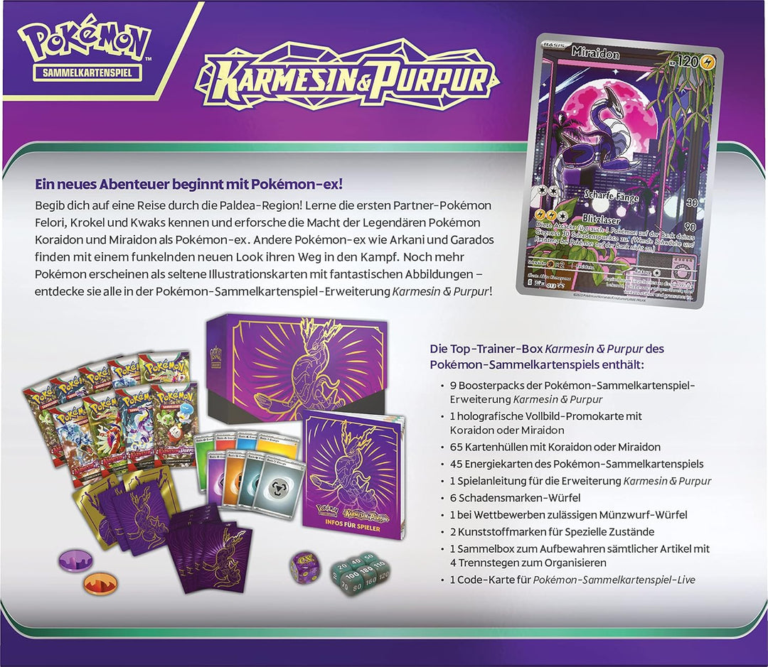 Pokémon-Sammelkartenspiel: Top-Trainer-Box Karmesin & Purpur (Miraidon) (9 Boosterpacks & Premium-Zu