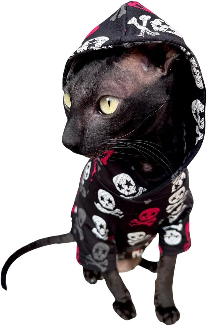 Kotomoda Katzen-Kapuzenpullover mit Totenkopf-Motiv, 100% Baumwolle, fьr Sphynx und nackte Katzen, G