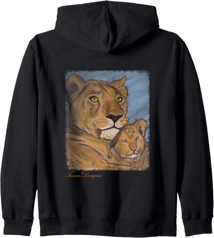 Löwenmutter Löwin mit Kind Löwenjunges Vintage Art Design Kapuzenjacke