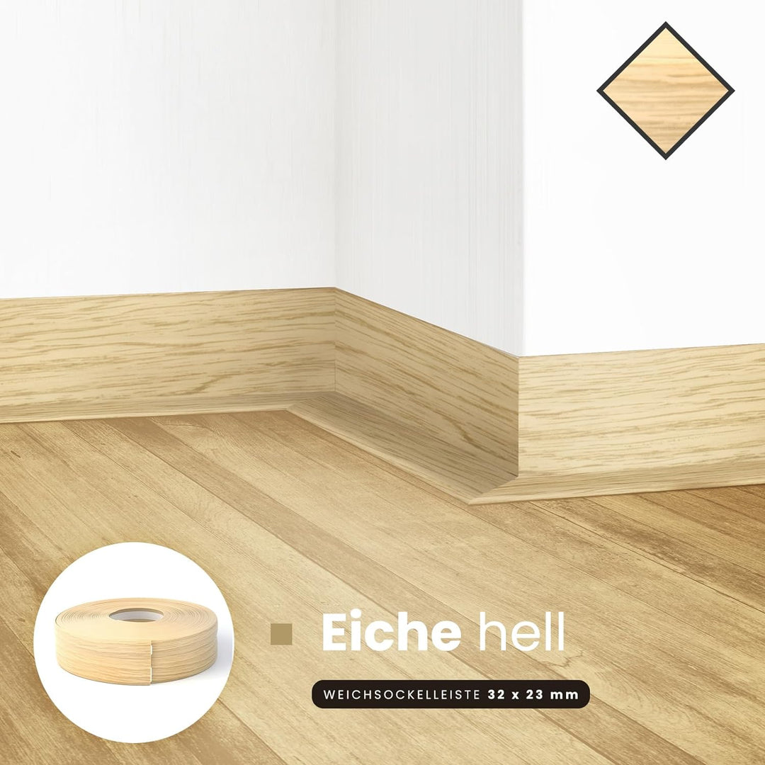 DQ-PP WEICHSOCKELLEISTE | 20m | eiche hell | 32x23mm | PVC | selbstklebend | Knickwinkel Fussleisten