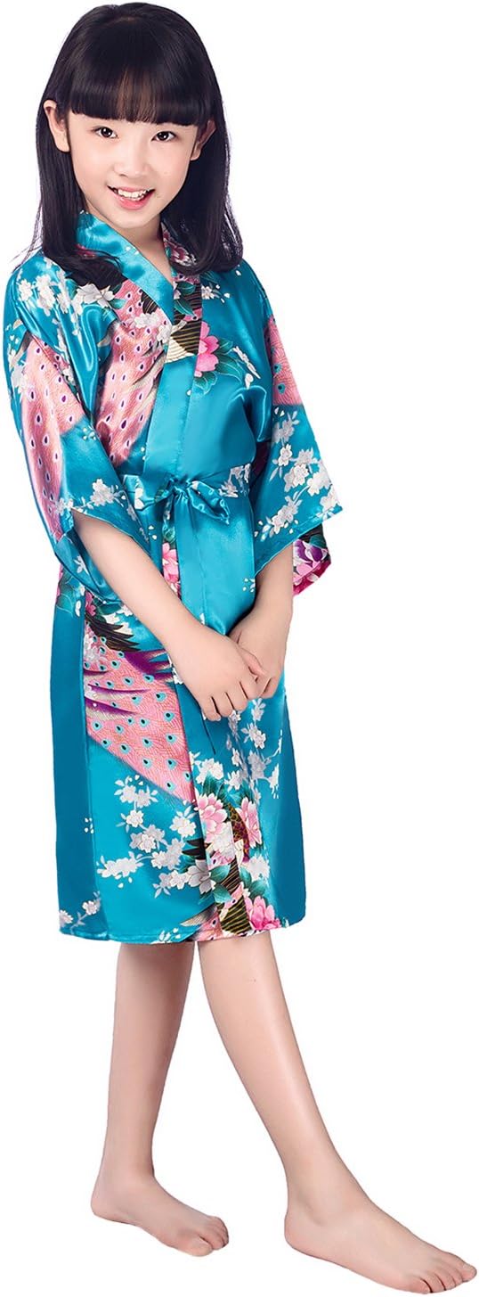 Westkun Mädchen Kimono Kinder Morgenmantel Satin Seide Japanisch Roben Kurze Blumen Muster Bademante