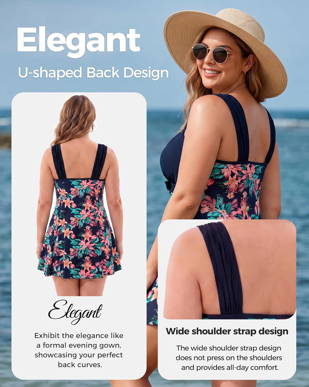 Wantdo Damen Badeanzüge Sommer Bauchweg Tankini Bademode mit Bügel Badekleid Einteiler Schlanke Stra