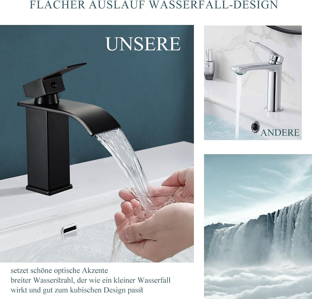 Schwarzer Wasserfall Wasserhahn, Matt Schwarz Waschtischarmatur für Badezimmer, Einhebelmischer Warm
