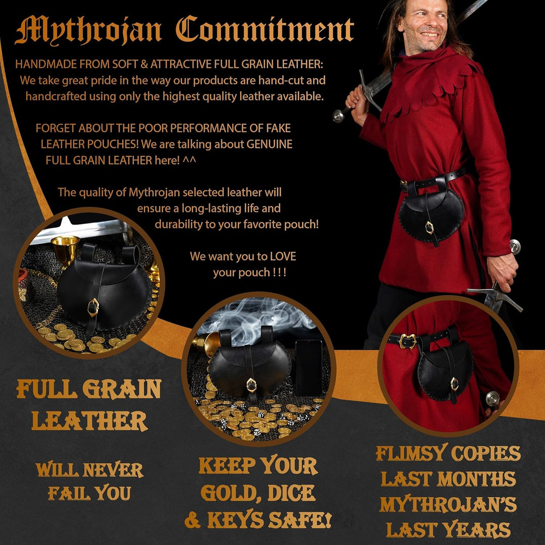 Mythrojan Mittelalterliche Wikinger-Leder-Gürteltasche LARP Renaissance-Gürteltasche – Schwarz, Schw