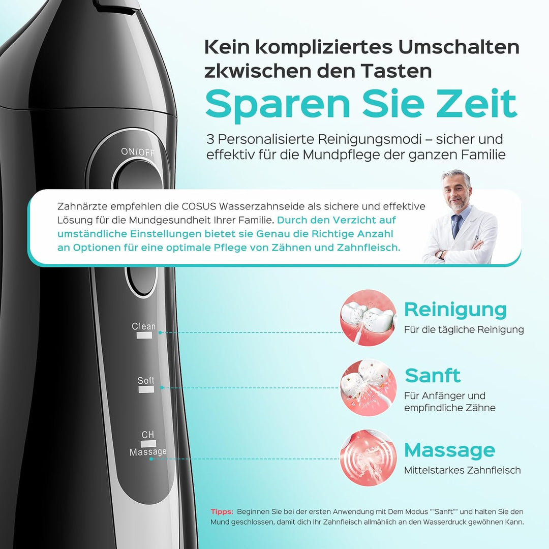 COSLUS Munddusche Kabellos Tragbar Elektrische Zahnreiniger, 300ML Wassertank Wiederaufladbar Zahndu