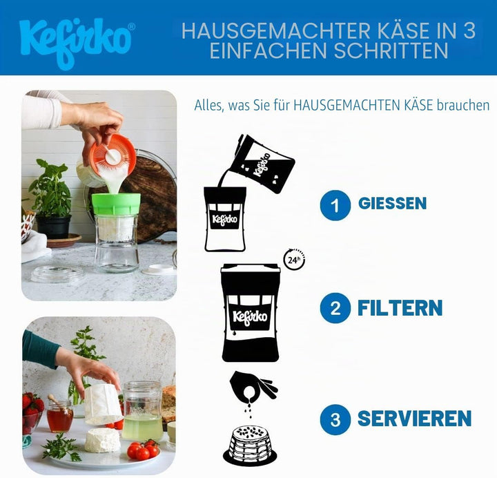 Kefirko Cheese Maker - Set für selbstgemachten Frischkäse und Joghurt - 1,4 Liter (Blau) 1,4 Liter B