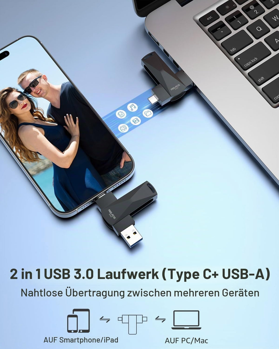 ABLAZE 256 GB USB C Stick, Dual USB 3.0 + Typ C, kompatibel mit iPhone 16/15, Android-Smartphones, C