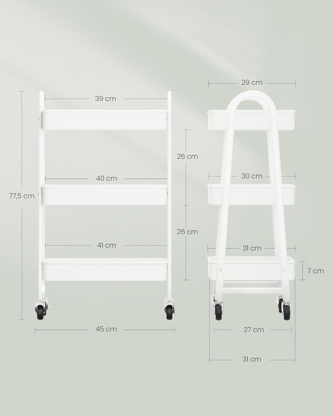 SONGMICS Rollwagen mit 3 Ebenen, Servierwagen aus Metall, Küchenwagen, Küchenregal mit Griffen, 2 Br
