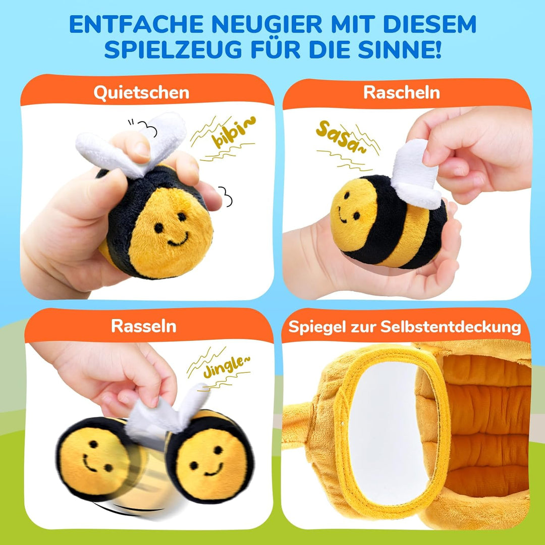 JoyCat Baby Spielzeug 6-12 Monate, Baby Bienenstock mit 5 Bienen Sensorik Spielzeug, Rassel, Spiegel