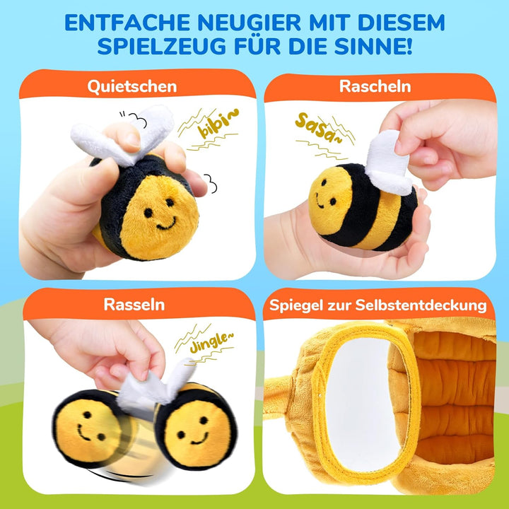 JoyCat Baby Spielzeug 6-12 Monate, Baby Bienenstock mit 5 Bienen Sensorik Spielzeug, Rassel, Spiegel